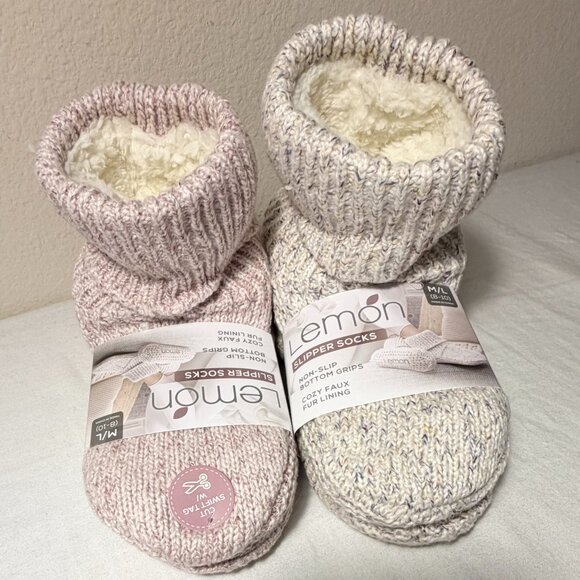 (Bundle 2) Lemon Women's Cozy Turn Cuff Slipper Socks M/L Ivory & Pink Non Slip - Picture 14 of 14